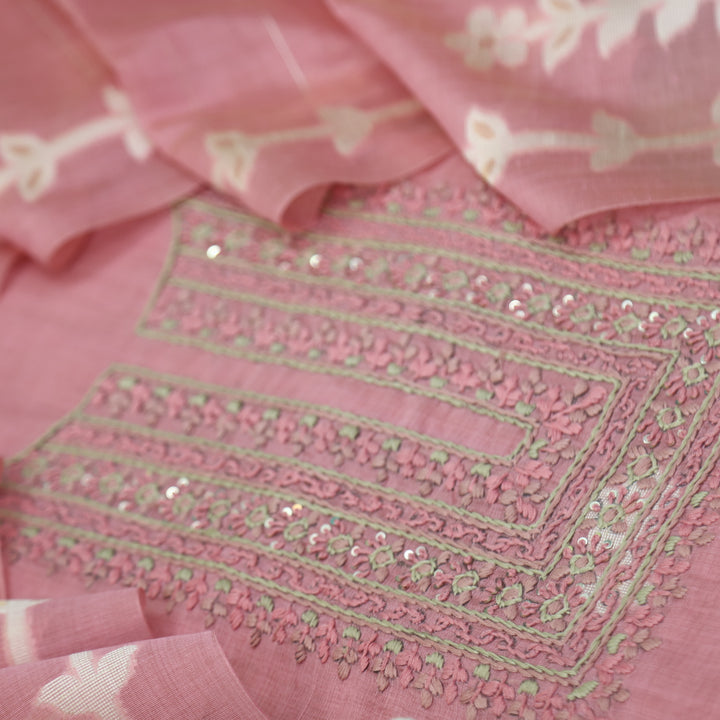 Jamdani Flamingo Pink Thread Neck Work Jamdani Weaved Suit Set