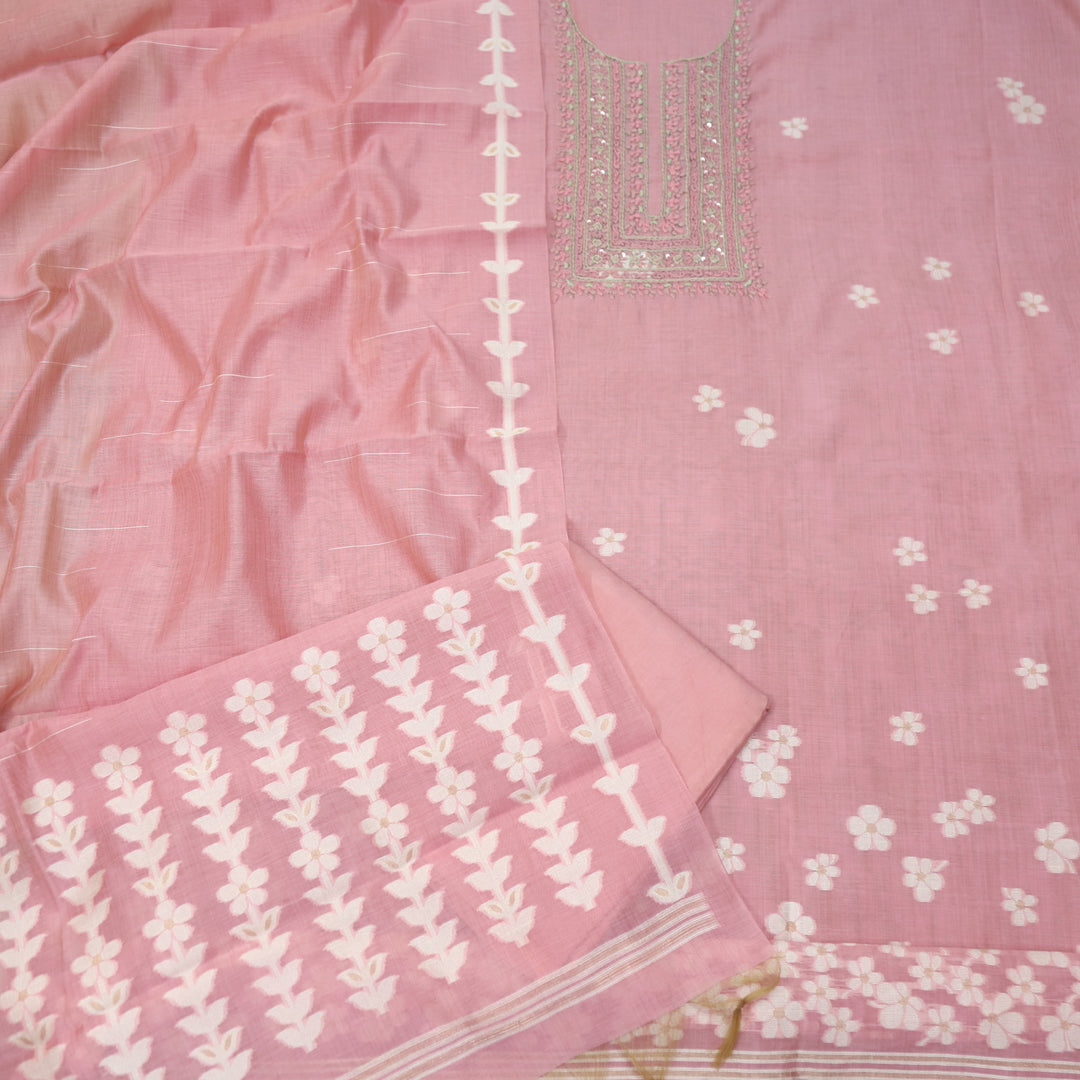 Jamdani Flamingo Pink Thread Neck Work Jamdani Weaved Suit Set