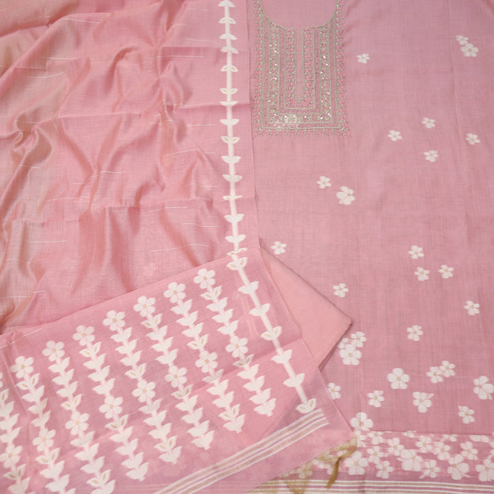 Jamdani Flamingo Pink Thread Neck Work Jamdani Weaved Suit Set