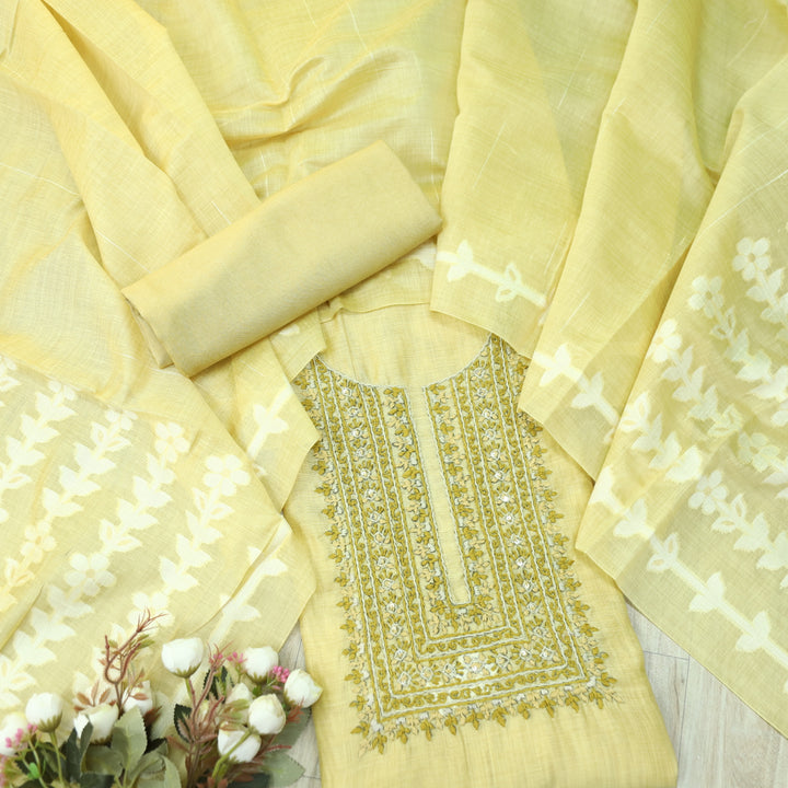 Jamdani Faded Yellow Thread Neck Work Jamdani Weaved Suit Set