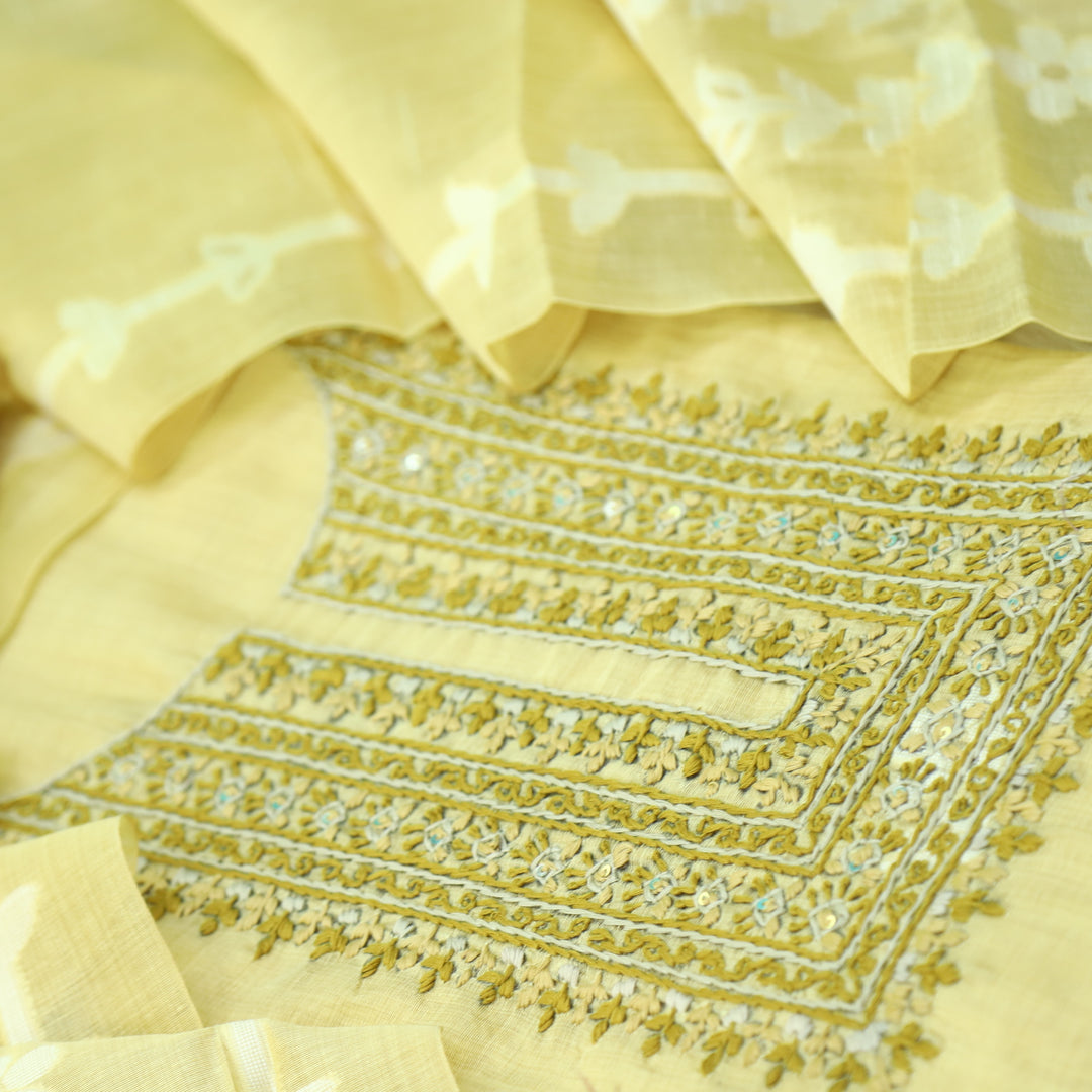 Jamdani Faded Yellow Thread Neck Work Jamdani Weaved Suit Set