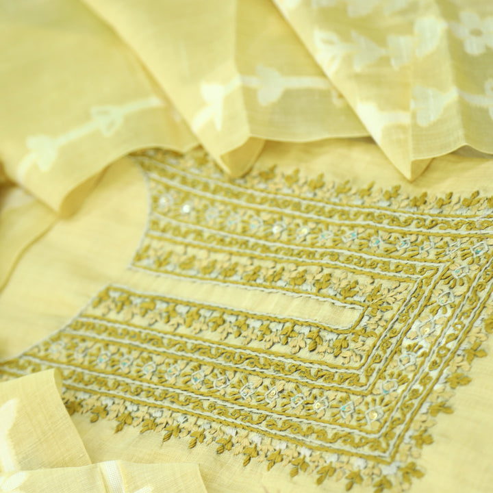 Jamdani Faded Yellow Thread Neck Work Jamdani Weaved Suit Set