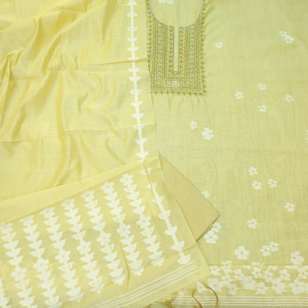 Jamdani Faded Yellow Thread Neck Work Jamdani Weaved Suit Set