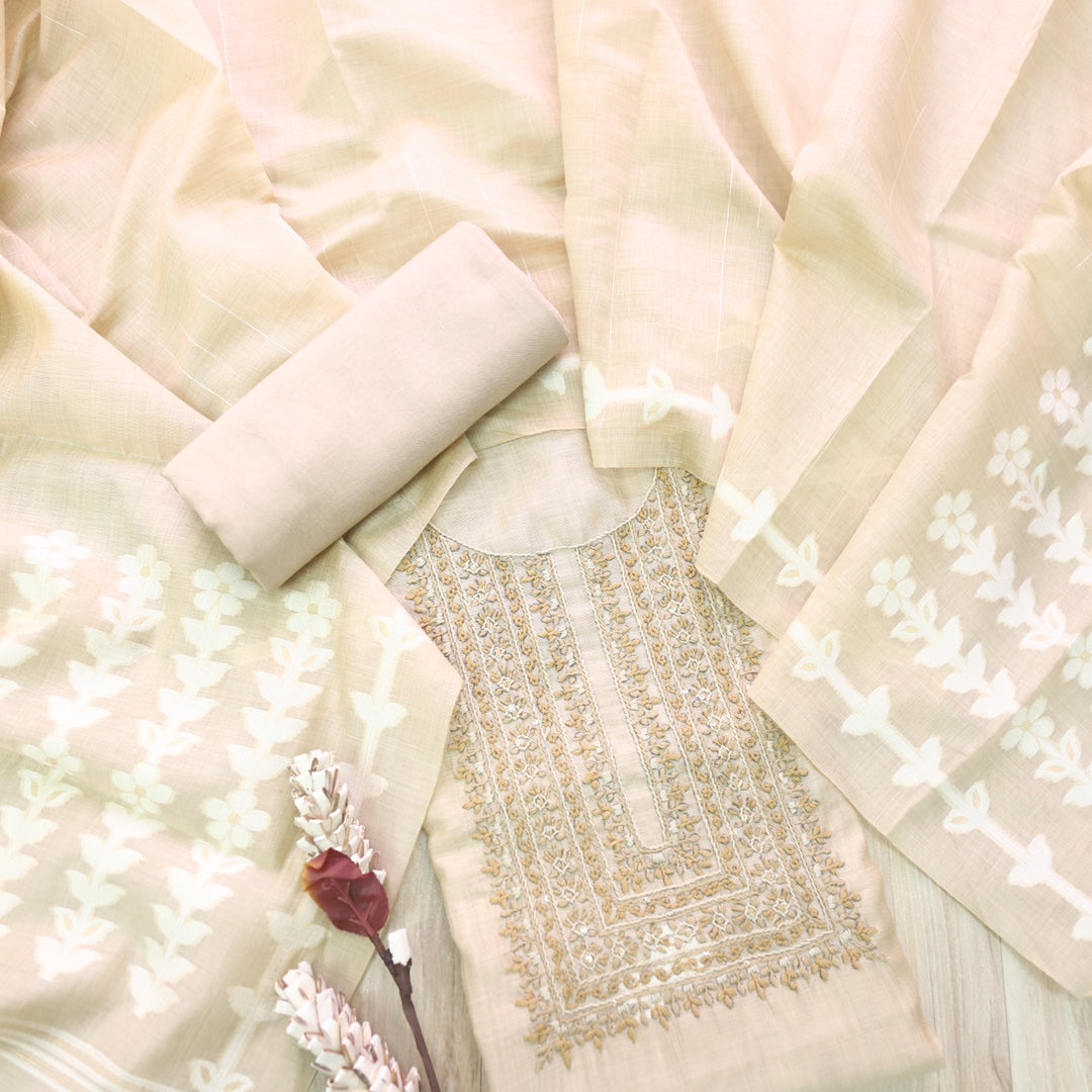 Jamdani Sand Beige Thread Neck Work Jamdani Weaved Suit Set
