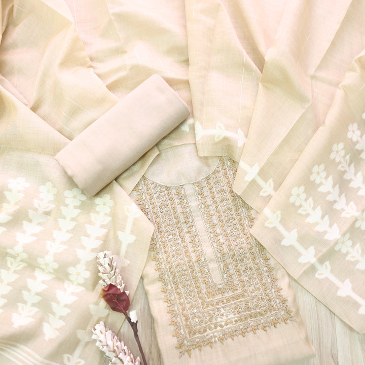 Jamdani Sand Beige Thread Neck Work Jamdani Weaved Suit Set
