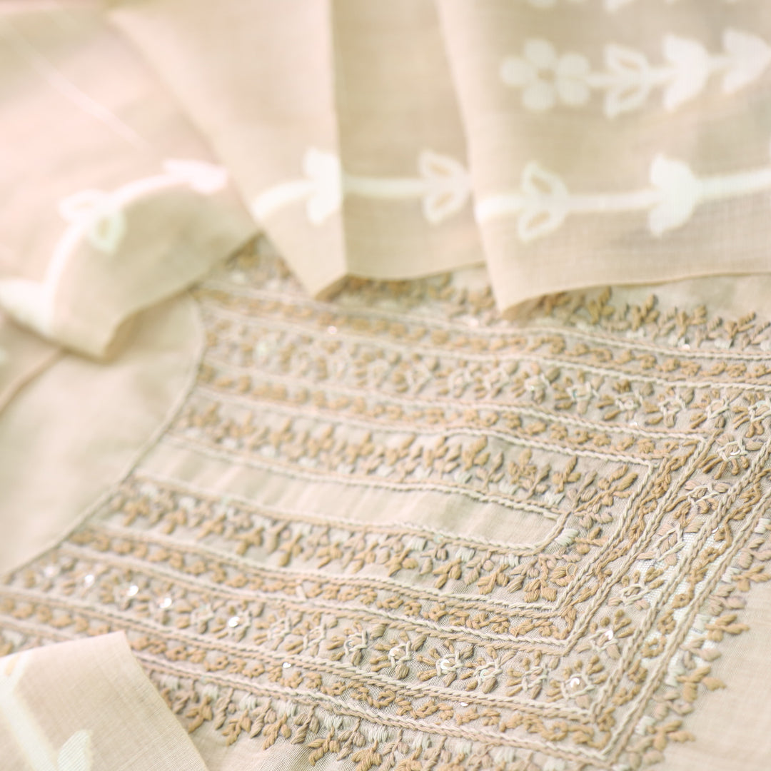 Jamdani Sand Beige Thread Neck Work Jamdani Weaved Suit Set