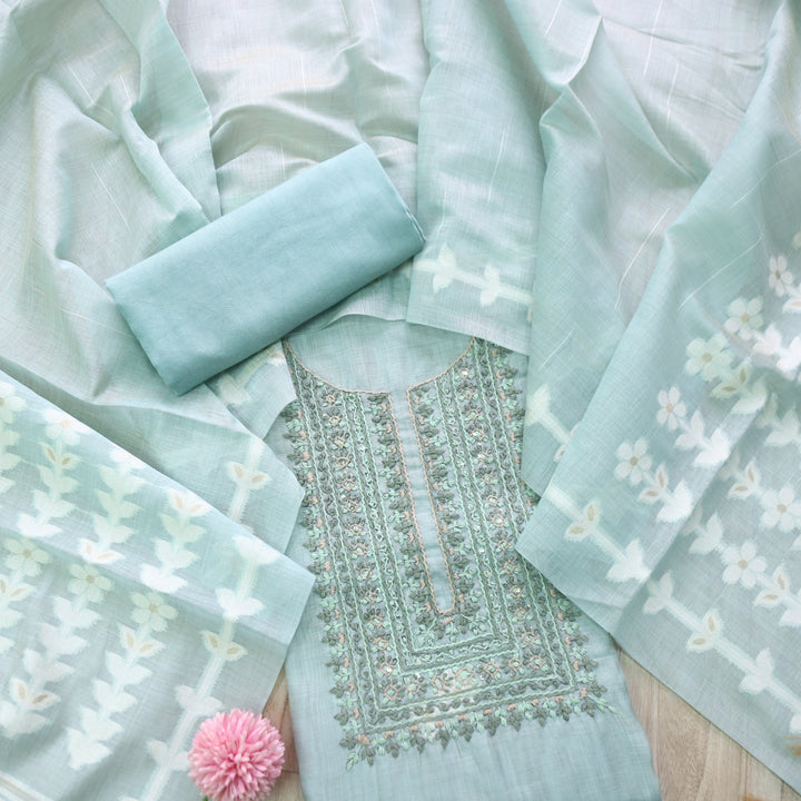 Jamdani Sea Blue Thread Neck Work Jamdani Weaved Suit Set