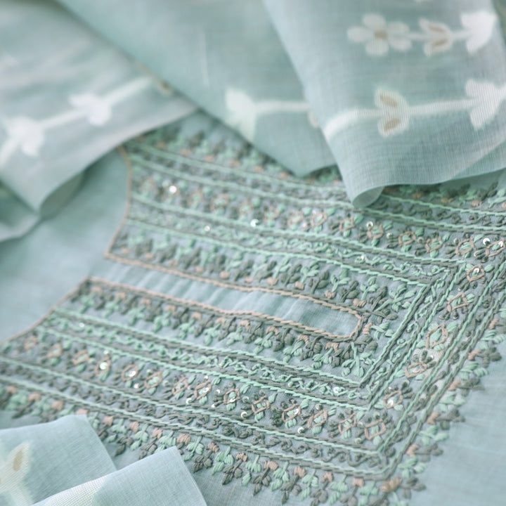 Jamdani Sea Blue Thread Neck Work Jamdani Weaved Suit Set
