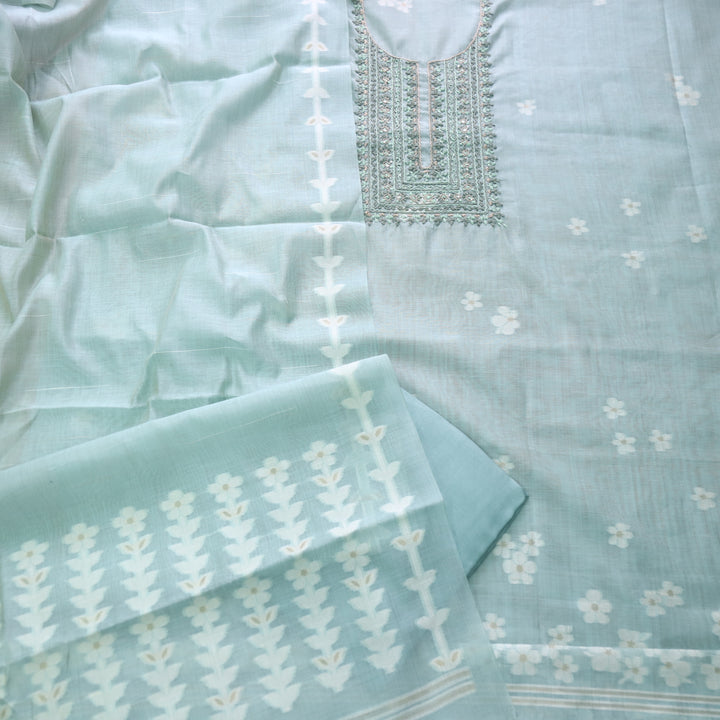 Jamdani Sea Blue Thread Neck Work Jamdani Weaved Suit Set