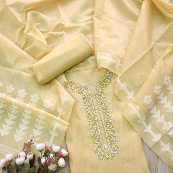 Jamdani Pine Yellow Thread Neck Work Jamdani Weaved Suit Set