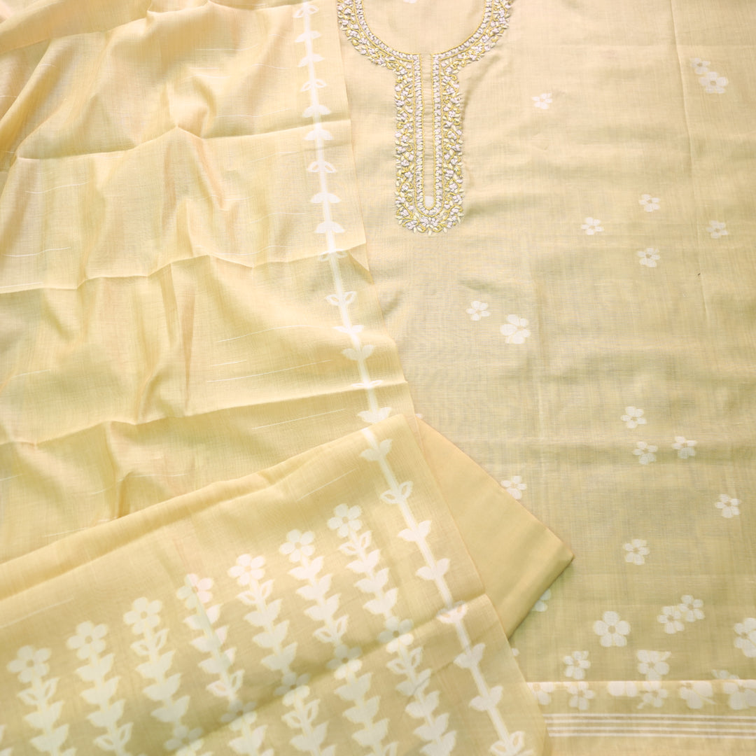 Jamdani Pine Yellow Thread Neck Work Jamdani Weaved Suit Set