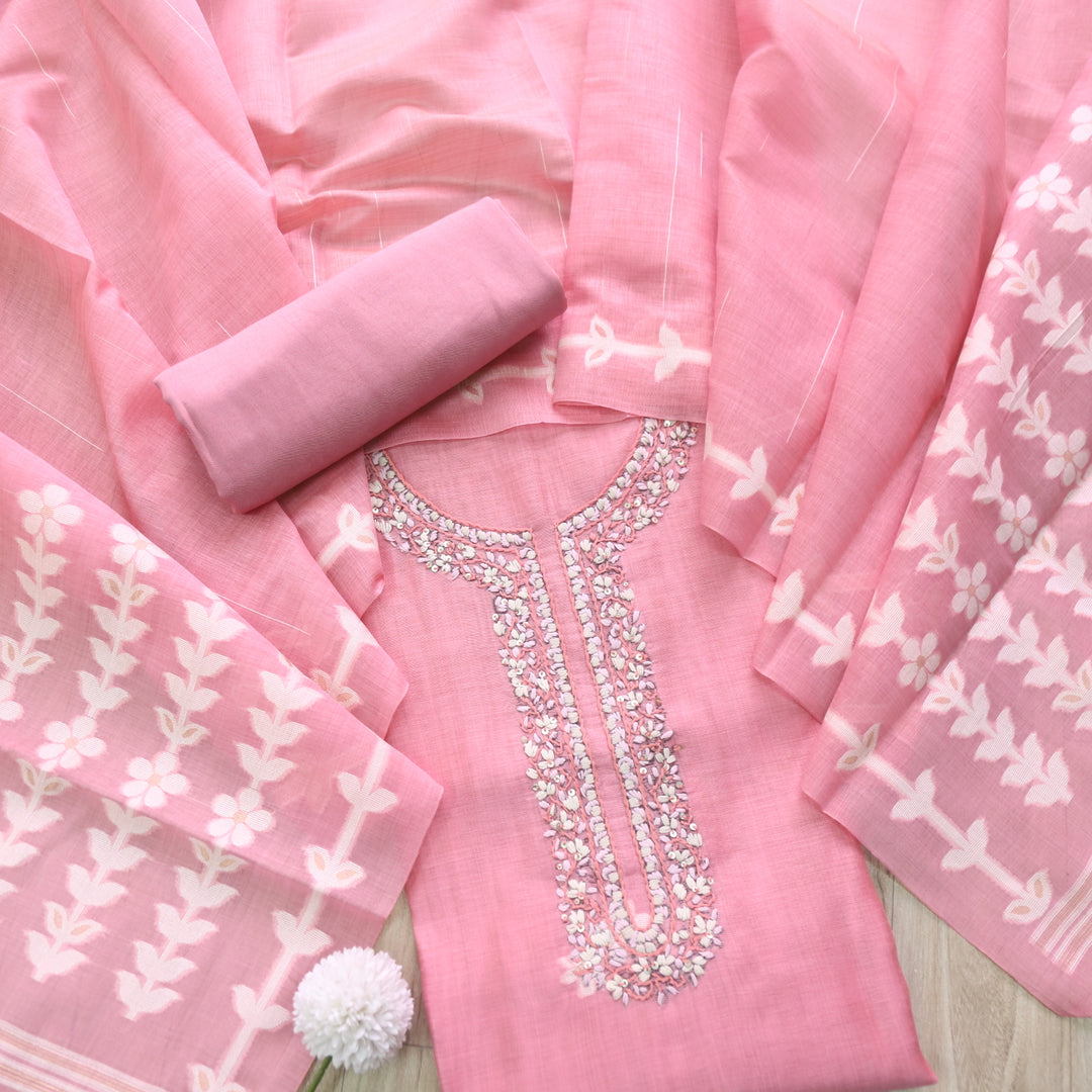 Jamdani Blink Pink Thread Neck Work Jamdani Weaved Suit Set