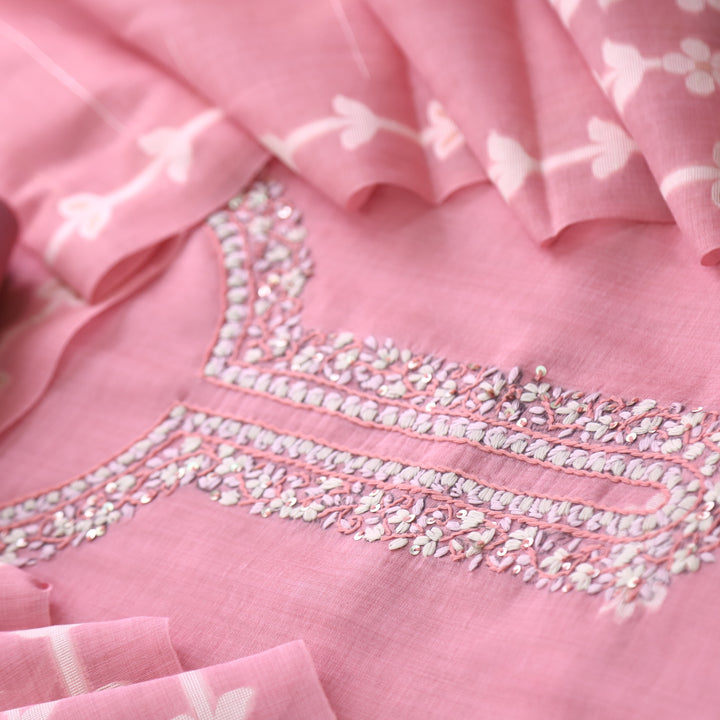 Jamdani Blink Pink Thread Neck Work Jamdani Weaved Suit Set