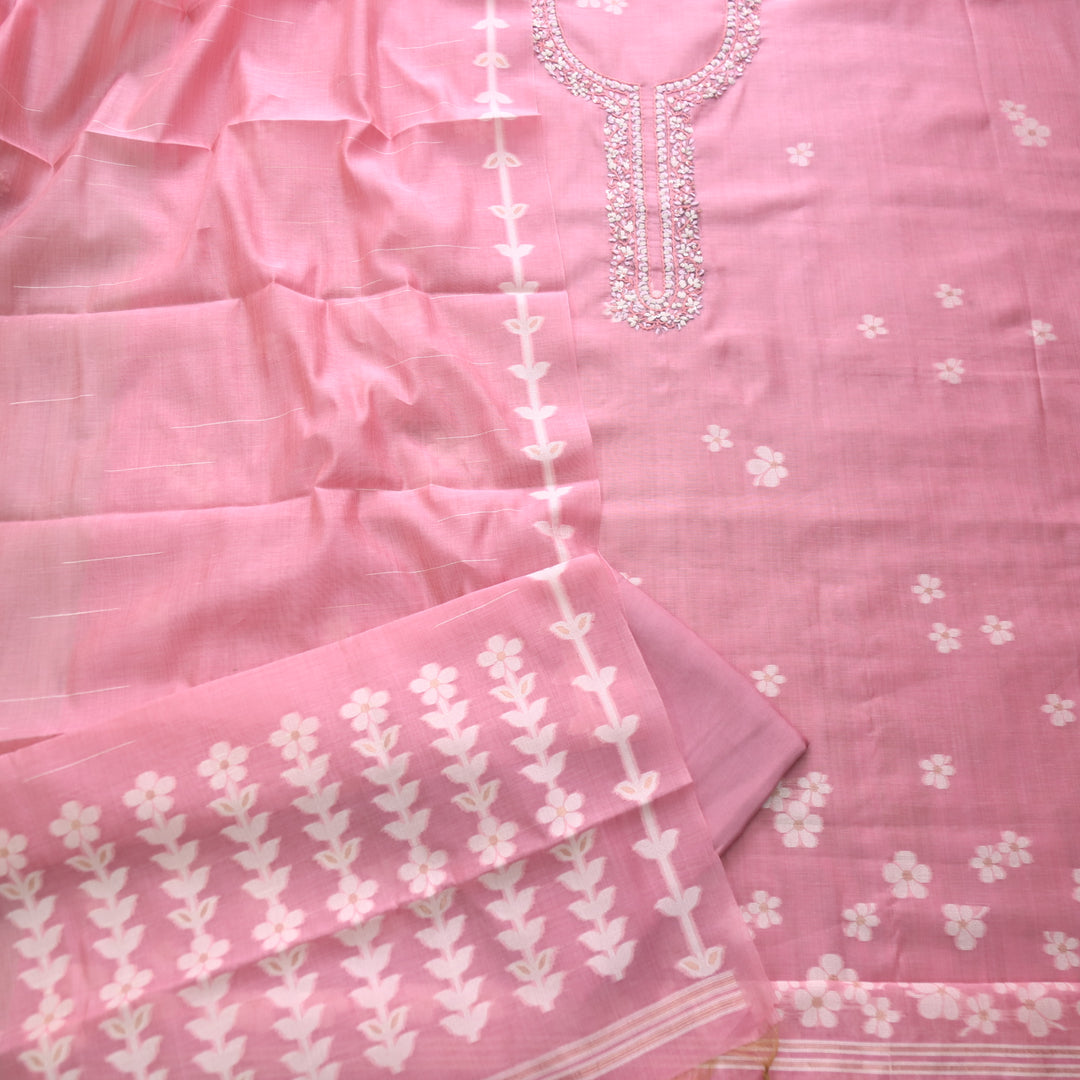 Jamdani Blink Pink Thread Neck Work Jamdani Weaved Suit Set