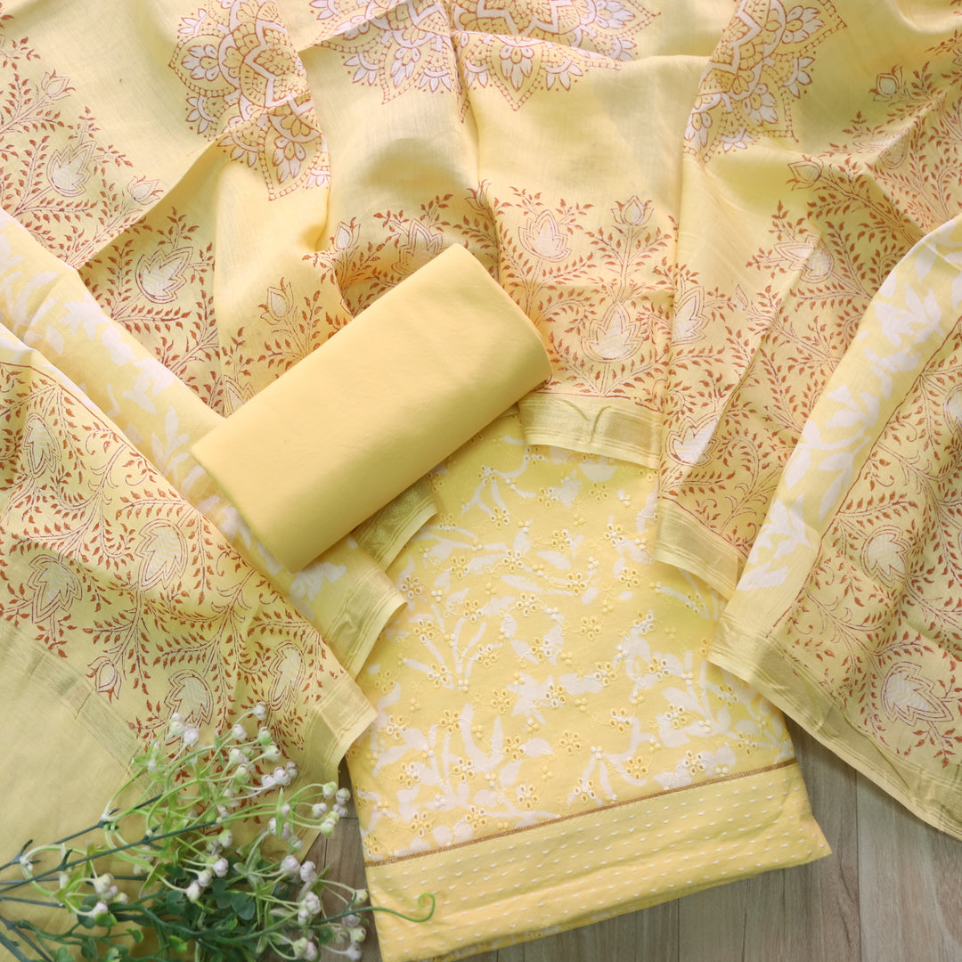 Sarkaare Pineapple Yellow Printed Schiffli Work Cotton Suit Set