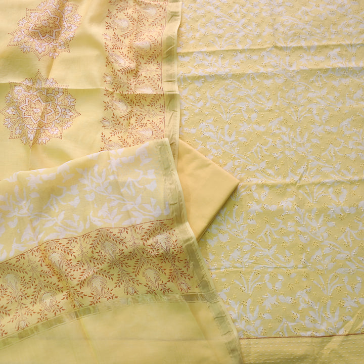 Sarkaare Pineapple Yellow Printed Schiffli Work Cotton Suit Set