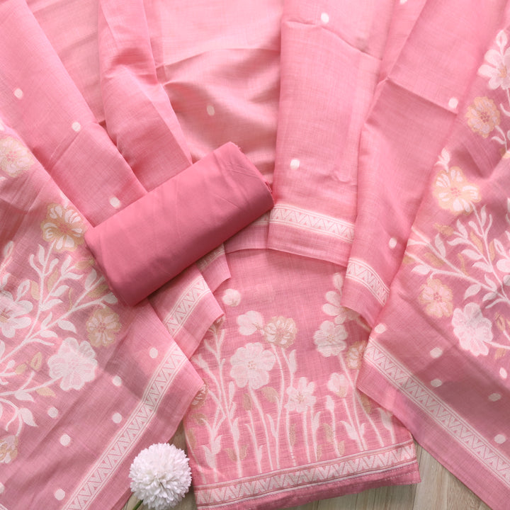 Rubaroo Blink Pink Zari with Authentic Jamdani Weaved Suit Set
