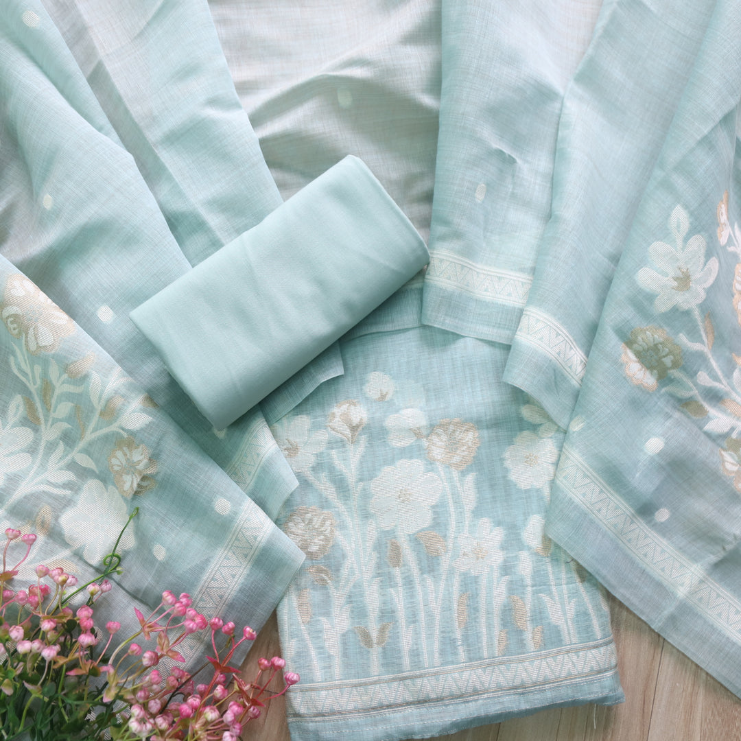 Rubaroo Sea Blue Zari with Authentic Jamdani Weaved Suit Set