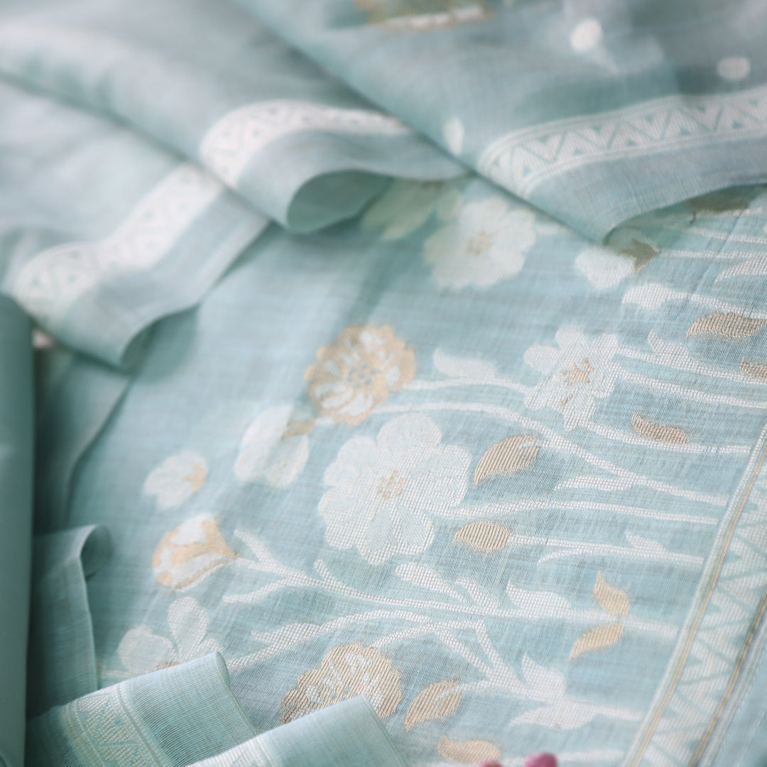 Rubaroo Sea Blue Zari with Authentic Jamdani Weaved Suit Set