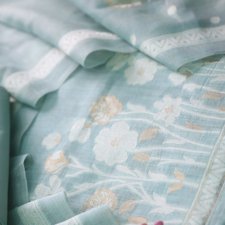 Rubaroo Sea Blue Zari with Authentic Jamdani Weaved Suit Set