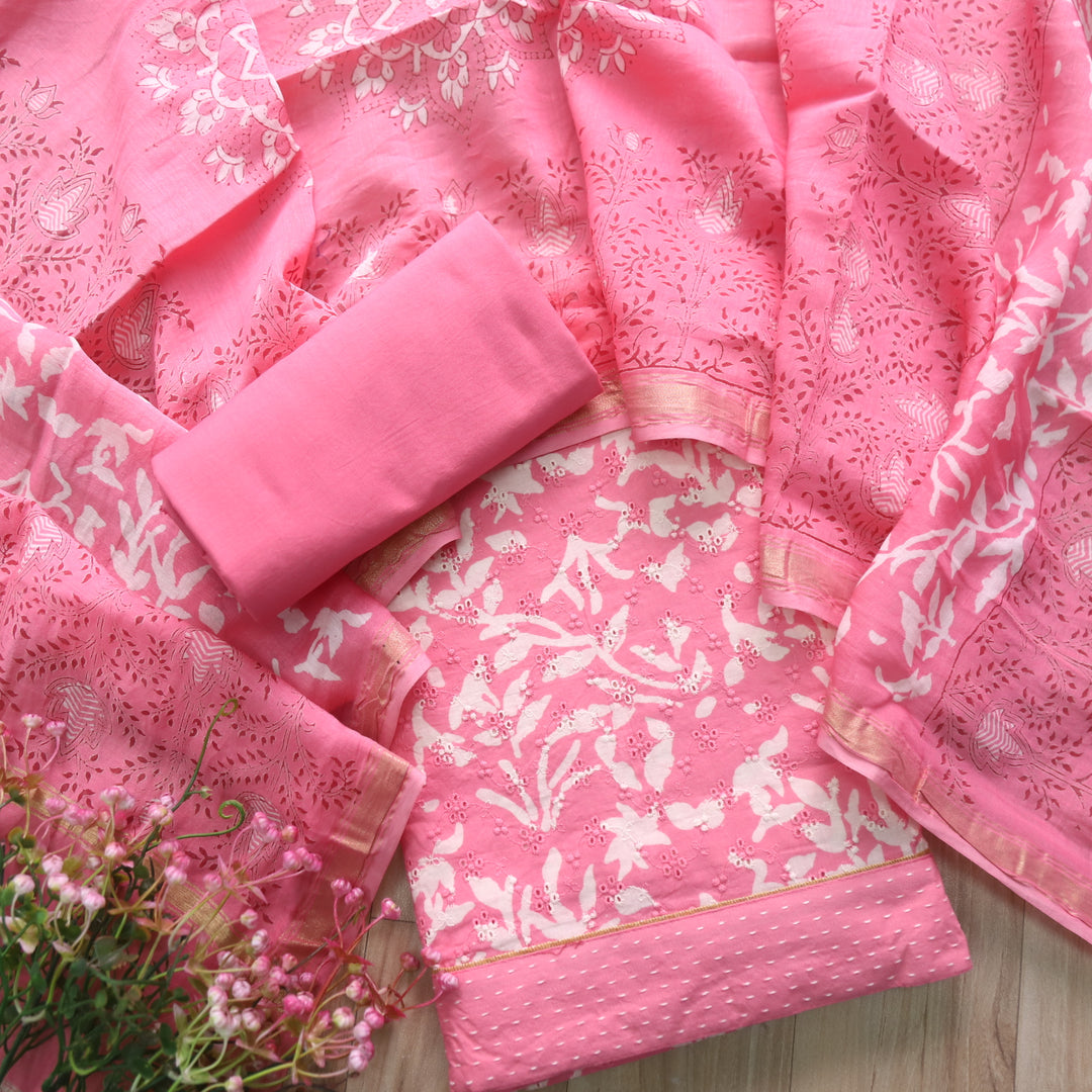 Sarkaare Flamingo Pink Printed Schiffli Work Cotton Suit Set