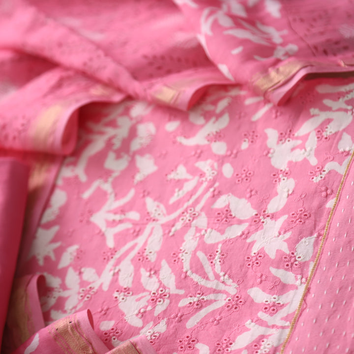 Sarkaare Flamingo Pink Printed Schiffli Work Cotton Suit Set