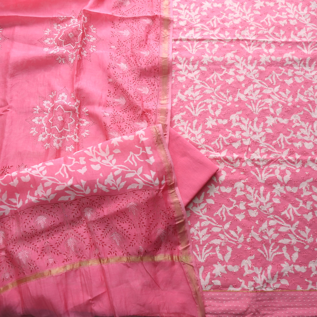 Sarkaare Flamingo Pink Printed Schiffli Work Cotton Suit Set