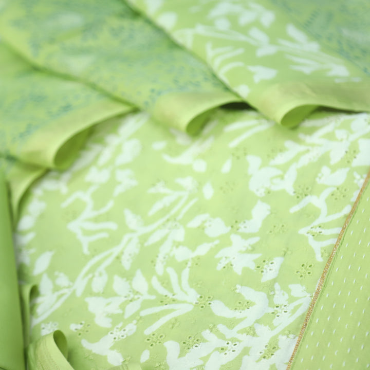 Sarkaare Parrot Green Printed Schiffli Work Cotton Suit Set
