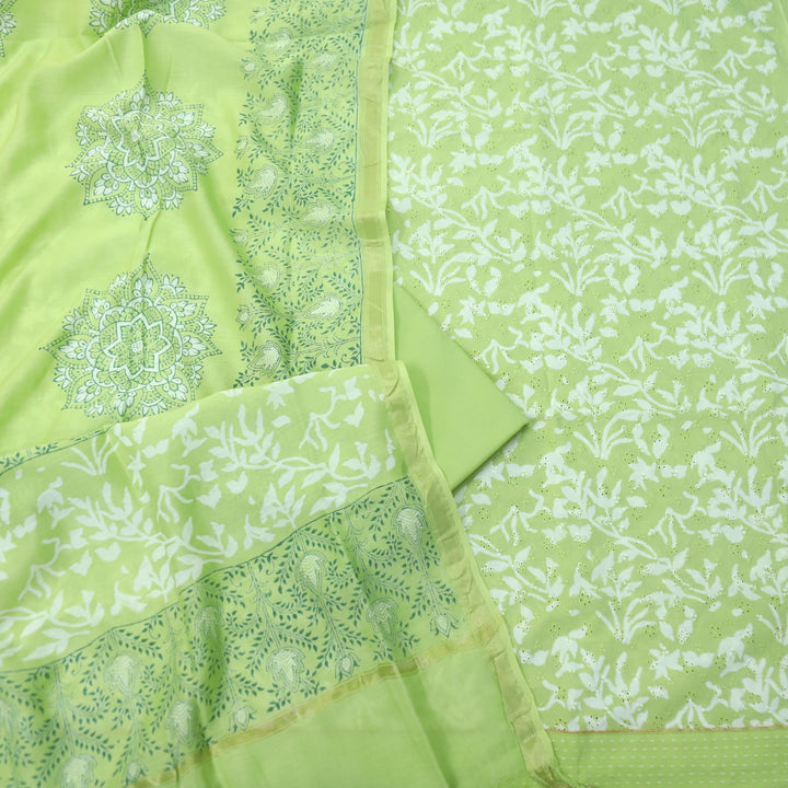 Sarkaare Parrot Green Printed Schiffli Work Cotton Suit Set