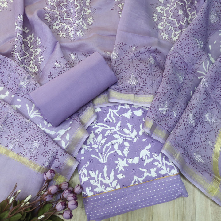 Sarkaare Lavis Lilac Printed Schiffli Work Cotton Suit Set