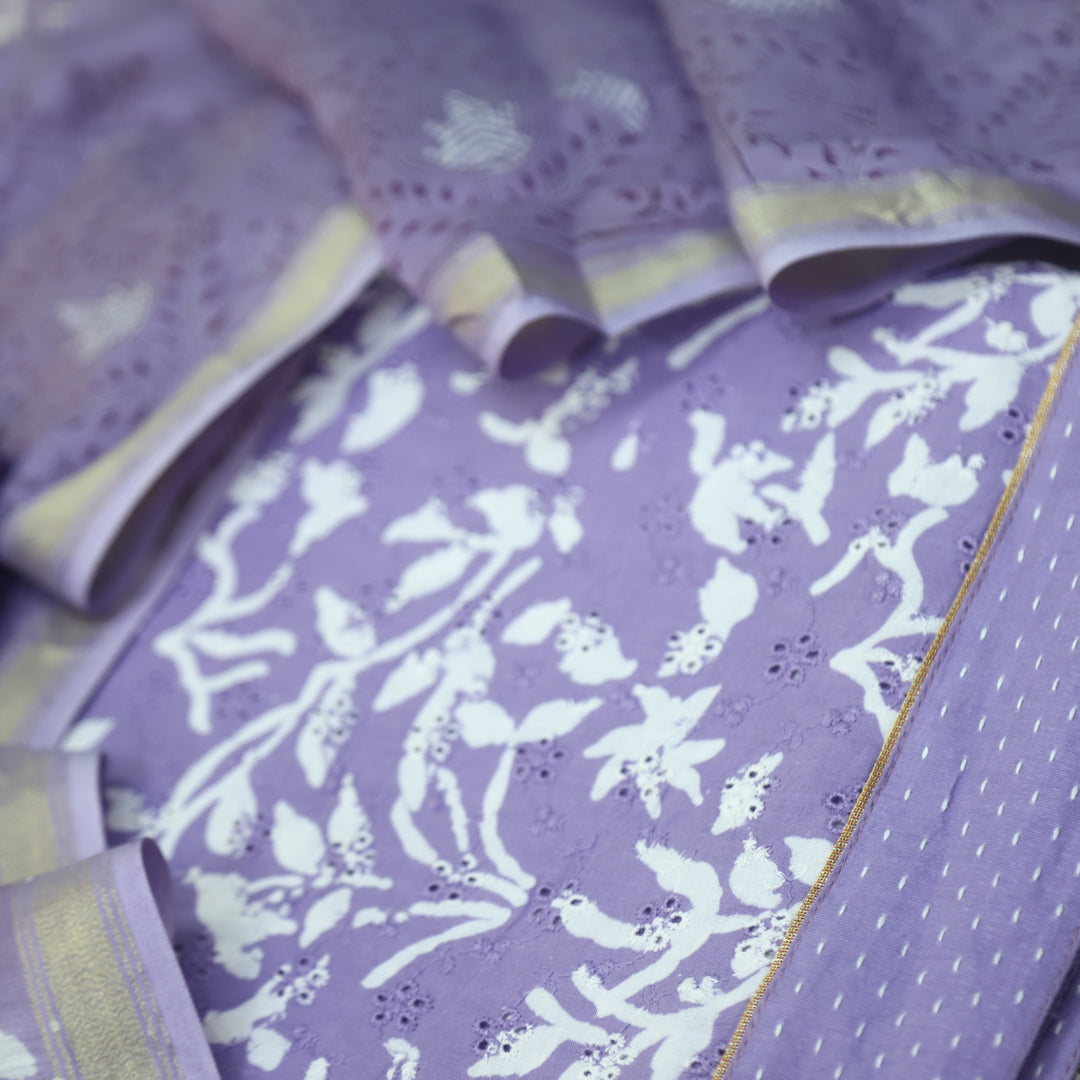 Sarkaare Lavis Lilac Printed Schiffli Work Cotton Suit Set
