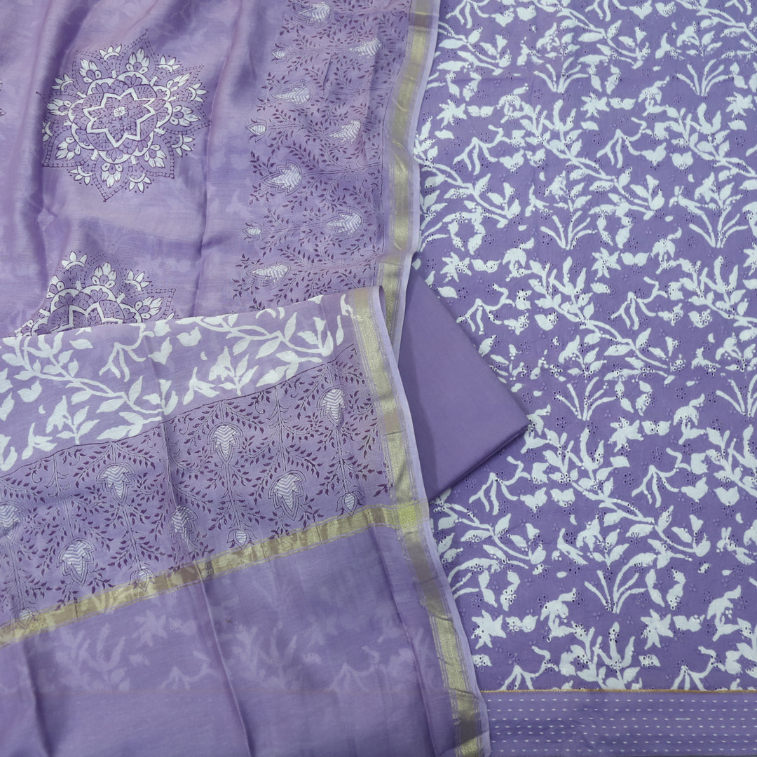 Sarkaare Lavis Lilac Printed Schiffli Work Cotton Suit Set