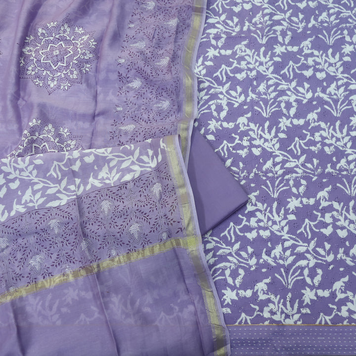 Sarkaare Lavis Lilac Printed Schiffli Work Cotton Suit Set