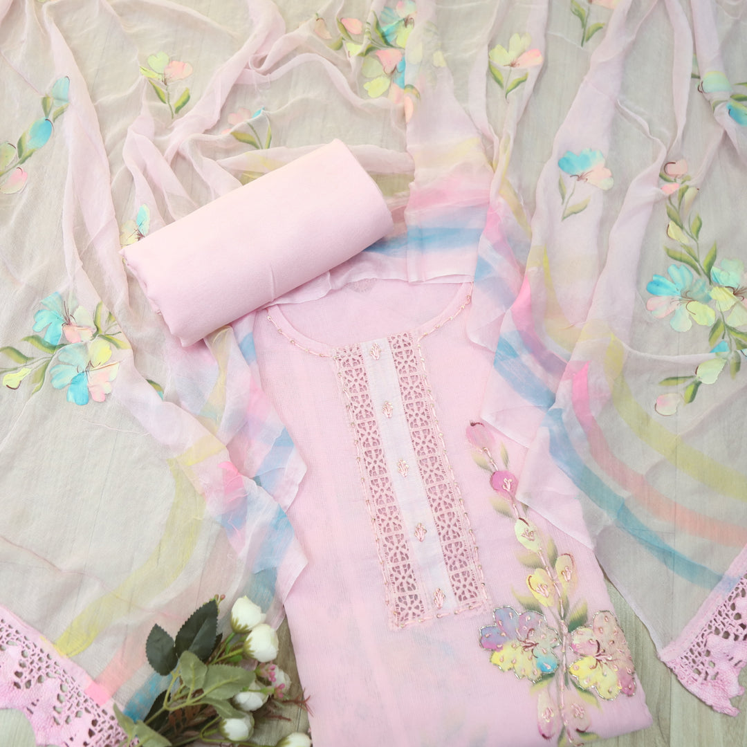 Roobi Baby Pink Floral Printed with Lace Work Neck Kota Net Suit Set D2