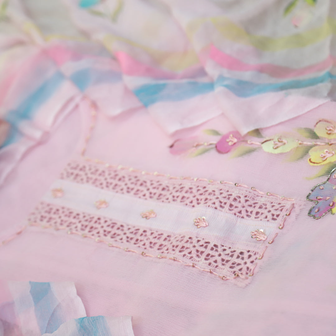 Roobi Baby Pink Floral Printed with Lace Work Neck Kota Net Suit Set D2