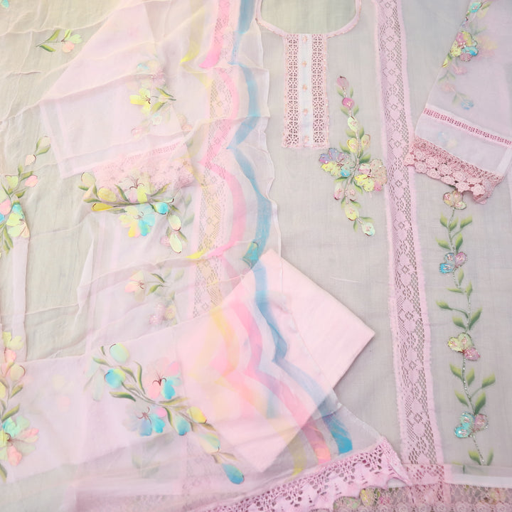 Roobi Baby Pink Floral Printed with Lace Work Neck Kota Net Suit Set D2
