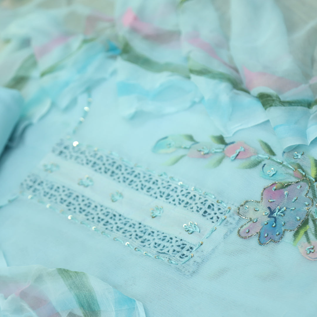 Roobi Sea Baby Blue Floral Printed with Lace Work Neck Kota Net Suit Set D2