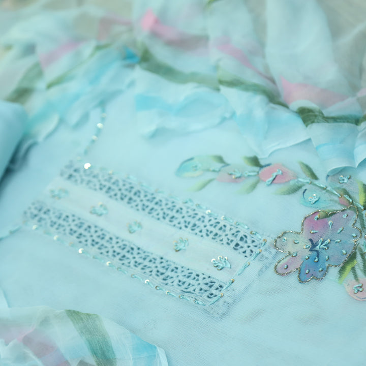 Roobi Sea Baby Blue Floral Printed with Lace Work Neck Kota Net Suit Set D2