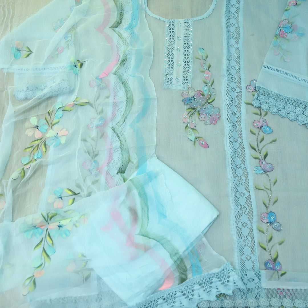 Roobi Sea Baby Blue Floral Printed with Lace Work Neck Kota Net Suit Set D2