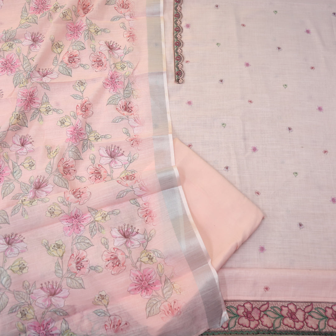 Nawabi Peach Pink Patch Lace Neck Work Cotton Linen Suit Set