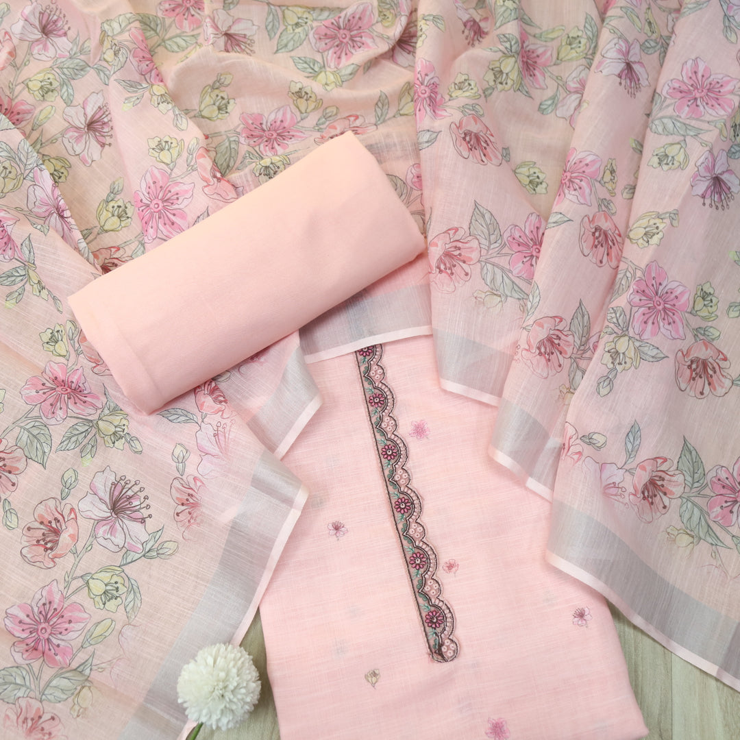 Nawabi Peach Pink Patch Lace Neck Work Cotton Linen Suit Set