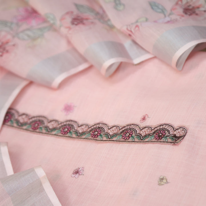 Nawabi Peach Pink Patch Lace Neck Work Cotton Linen Suit Set