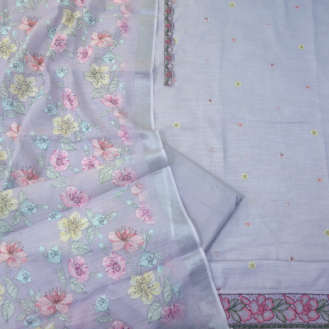 Nawabi Lavish Lavender Patch Lace Neck Work Cotton Linen Suit Set