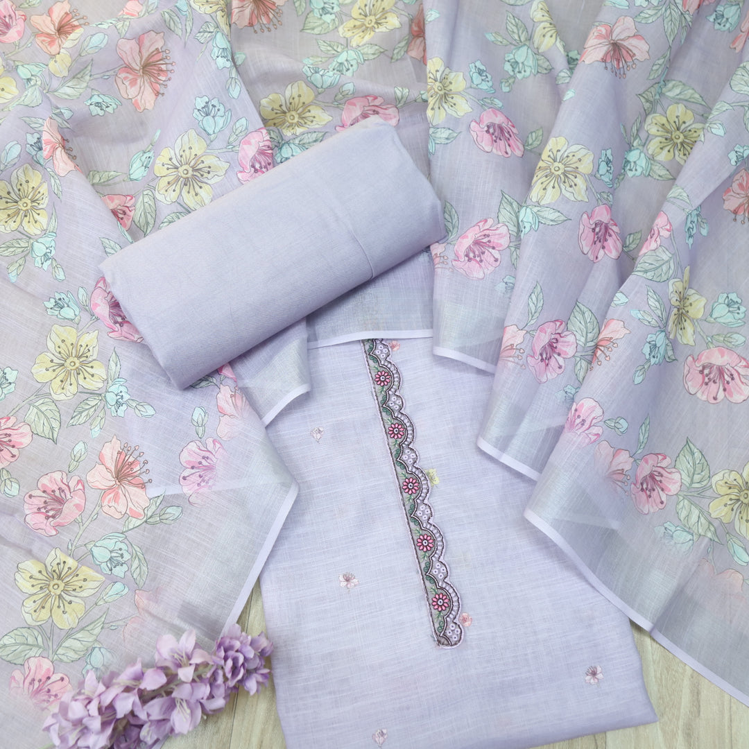 Nawabi Lavish Lavender Patch Lace Neck Work Cotton Linen Suit Set