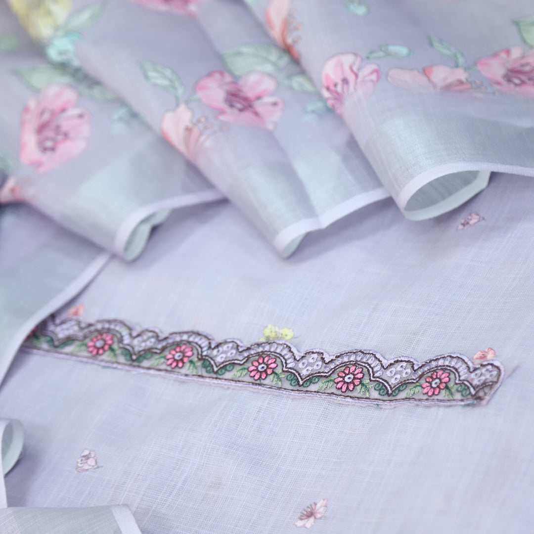 Nawabi Lavish Lavender Patch Lace Neck Work Cotton Linen Suit Set