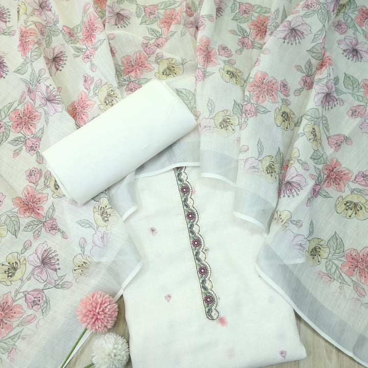 Nawabi Pearl White Patch Lace Neck Work Cotton Linen Suit Set