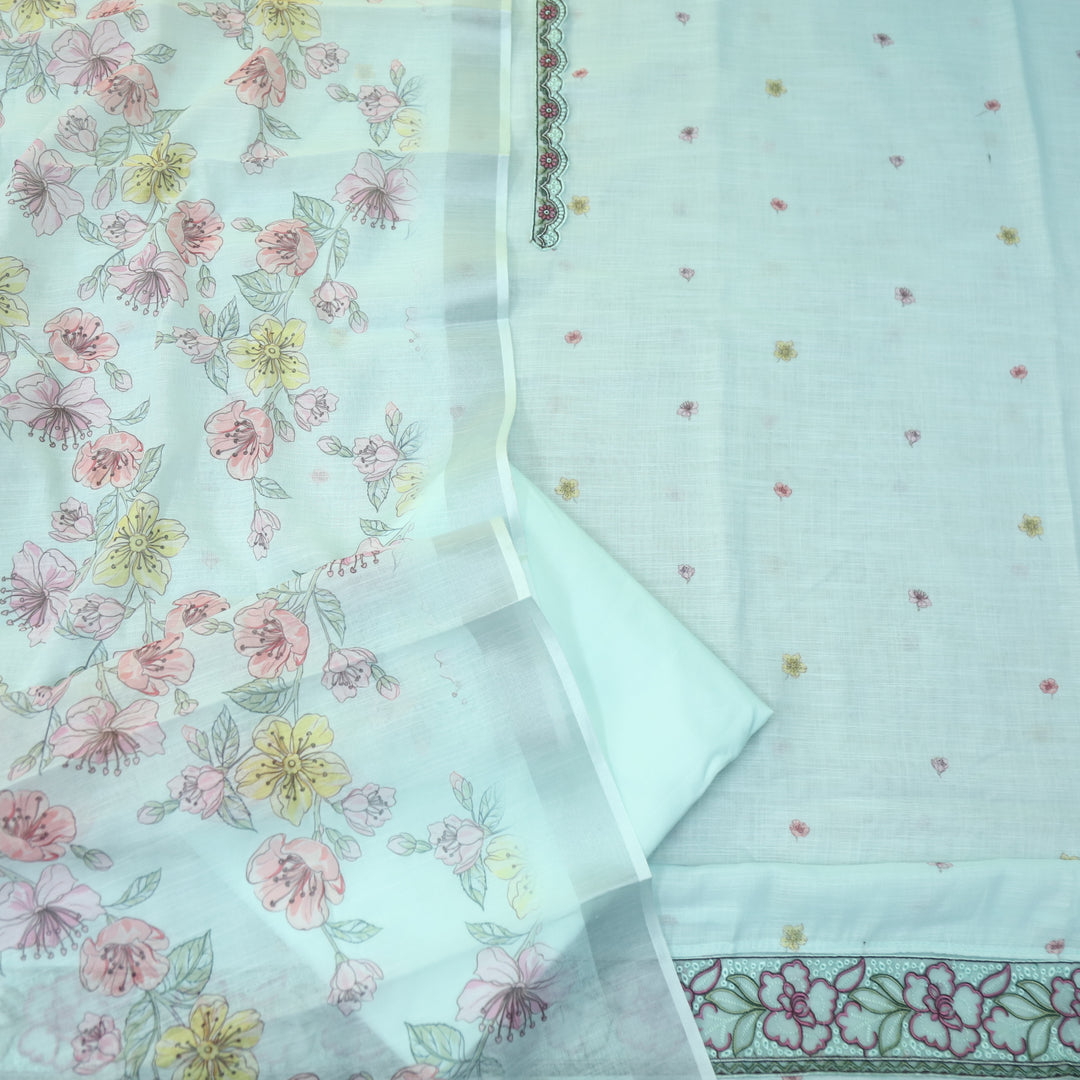 Nawabi Sea Blue Patch Lace Neck Work Cotton Linen Suit Set