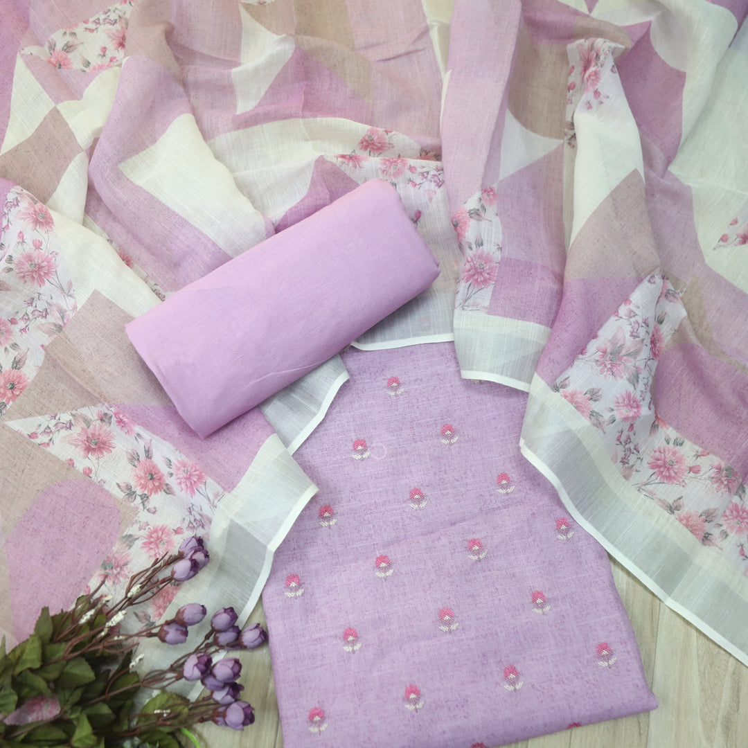 Deedar Antique Mauve Floral Embroidery Buti Work Cotton Linen Suit Set