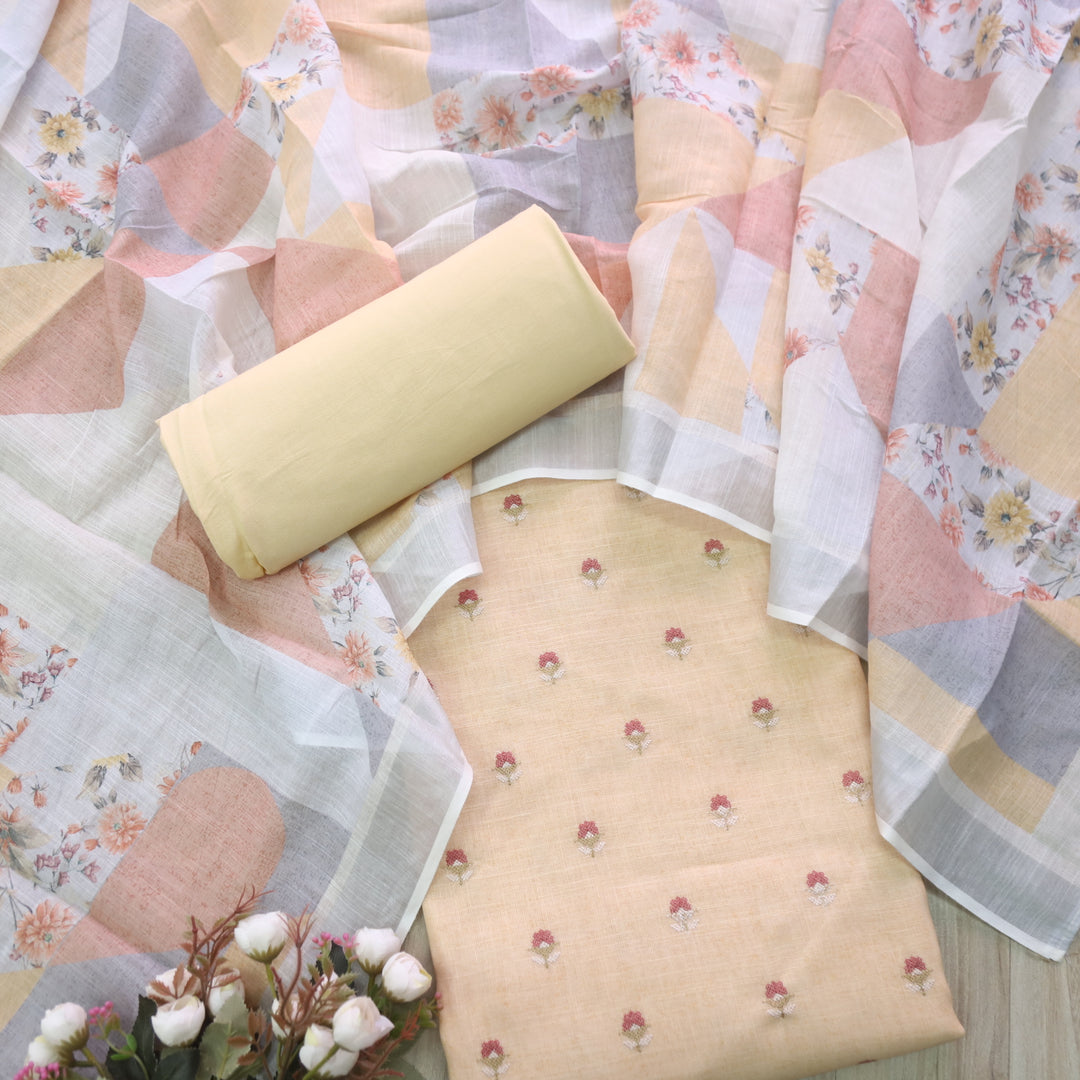 Deedar Peanut Brown Floral Embroidery Buti Work Cotton Linen Suit Set