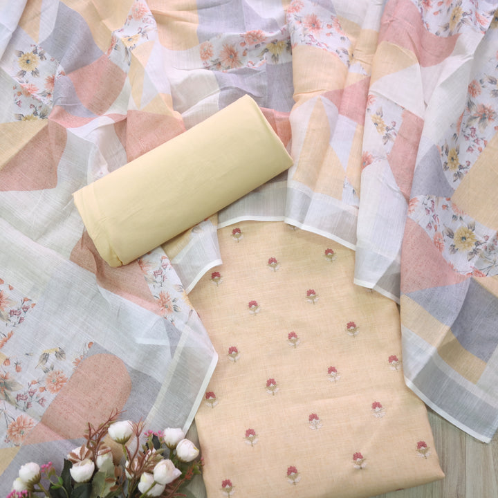 Deedar Peanut Brown Floral Embroidery Buti Work Cotton Linen Suit Set